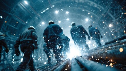 Construction workers in a tunnel with bright lights industrial engineering concept