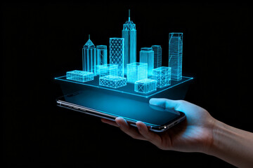 Hand holding smartphone with digital cityscape