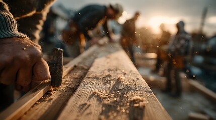 Construction workers using tools on wooden structure under warm sunlight