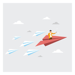 Confident Businessman Navigating Red Paper Airplane and Lead Other Paper Airplane Origami.