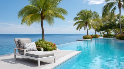 Lounge chair next to infinity pool overlooking ocean