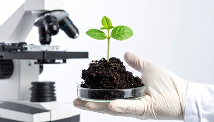 Close up of biologist's hand with protective gloves holding young plant with root above petri dish with soil. Microscope in background.