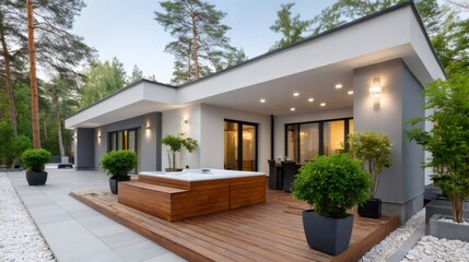 Fototapeta premium Modern house backyard with hot tub deck