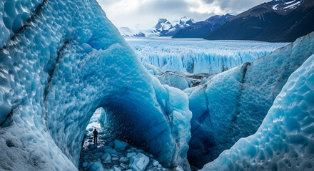 Exploring the icy depths of perito moreno glacier, where vibrant blue ice formations and distant mountains create a mesmerizing scene in patagonia, argentina