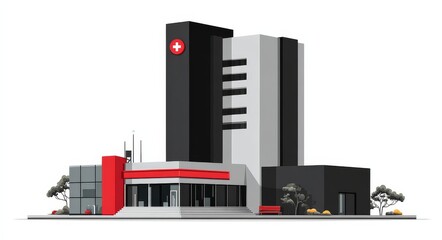 Exterior view showcasing emergency signage and modern architecture.