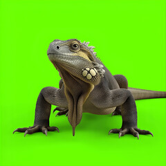 Obraz premium Close-up of a detailed iguana on a vibrant green background, showcasing its unique scales and skin texture