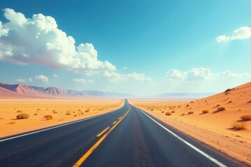 Asphalt ribbon cutting through the arid expanse, under a vibrant sky and fluffy clouds, leading to a distant horizon