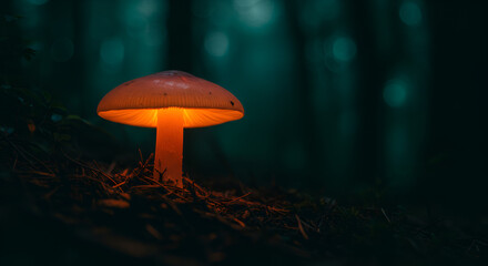 Luminous mushroom glows in dark forest, magical and enchanting scene