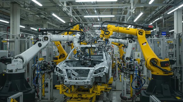 Automated car assembly line with robotic arms welding car body parts in a modern factory, showcasing the future of automotive manufacturing
