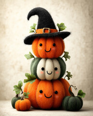 Pumpkin-Themed Witch: A whimsical Halloween image featuring stacked pumpkins decorated to resemble a friendly witch, complete with a traditional hat.