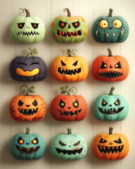Halloween pumpkin characters : A vibrant assortment of uniquely carved pumpkin characters, each radiating their own distinct expressions and personalities.