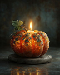 Pumpkin Candle Illumination: A carved pumpkin, serving as a candle holder, emits a warm, inviting glow, casting dancing shadows as the flame flickers on a stone, embodying the spirit of autumn. 