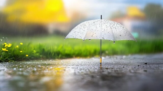 Umbrella Amidst Rain: An open umbrella stands resilient, amidst a refreshing downpour.Capturing the essence of a cozy, rainy day. 