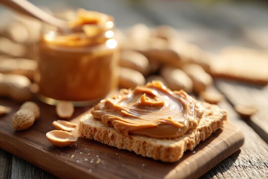 Creamy Peanut Butter Spread on Toast with Peanuts on Wooden Table