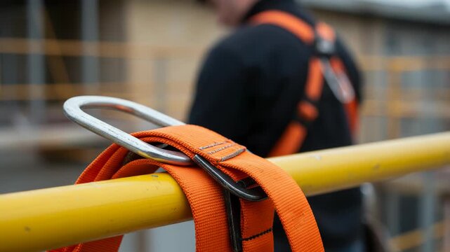 Closeup of a safety harness dring attached to a yellow railing