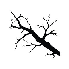 Monochrome Silhouette of a Bare Tree Branch with Many Knotted Twigs, dead branch with cracks silhouette vector illustration