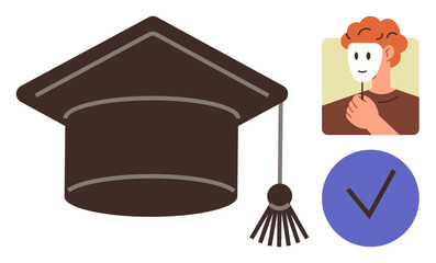 Graduation cap, person holding mask, and checkmark symbolizing education, achievement, truth, identity, success, goals and self-expression. Ideal for education success honesty goals truth