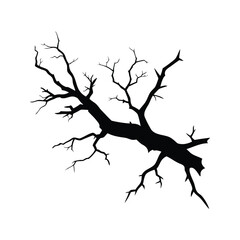 Fototapeta premium Silhouette of a bare tree branch with many small branchlets extending outward, dead branch with cracks silhouette vector illustration