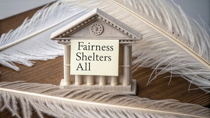 Symbolic Representation of Fairness and Equality in Society with a Miniature Temple and Feathers on a Wooden Table