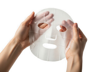 Hands holding sheet mask isolated on transparent background for skin care
