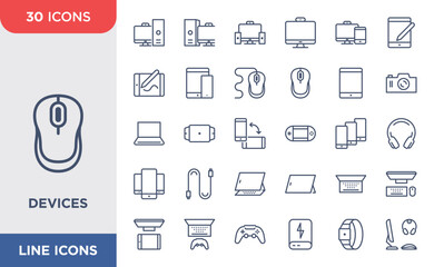 Simple set of Device icons. Contains icons such as Computer, smartphone, camera, and mouse. Editable strokes
