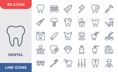 Simple set of Dental icon set. Contains such Icons as Teeth, Mouth, Toothpaste, Dental tools. Editable strokes