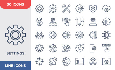 Simple set of Settings icon set. Contains such Icons as Devices, Smartphone, Tools, Gear. Editable strokes