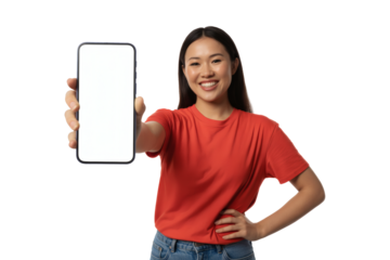Smiling young Asian woman confidently presents a blank smartphone screen ready for your app or website showcase