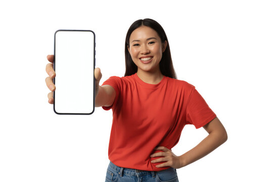 Smiling young Asian woman confidently presents a blank smartphone screen ready for your app or website showcase