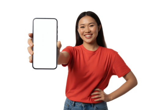 Smiling young Asian woman confidently presents a blank smartphone screen ready for your app or website showcase