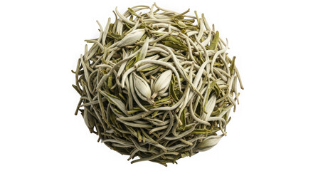 Pile of white tea leaves isolated on transparent background, close up shot