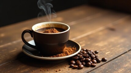 Aromatic Dark Roast Coffee with Steaming Cup and Roasted Beans on Wooden Table