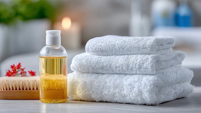 Serene Spa Still Life: A collection of soft, fluffy white towels, a bottle of clear liquid, and spa accessories create a sense of calm. A gentle reminder of relaxation and wellness