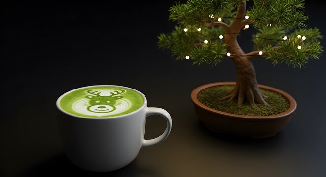 Matcha latte with deer art beside a bonsai tree in low key lighting