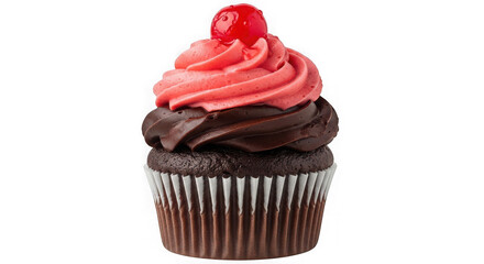 Delicious chocolate cupcake with cherry isolated on transparent background