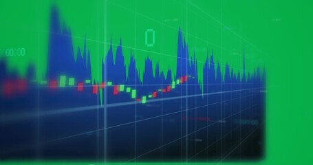 Animation of financial graph, numbers and data processing over blue background - Powered by Adobe