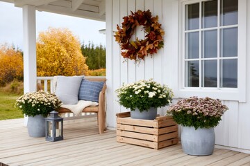 Obraz premium Cozy autumn porch decorating with fall mums and leaf wreath