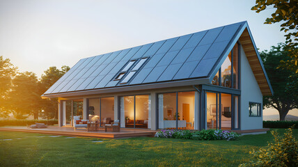 Obraz premium Modern Home with Solar Panels Sustainable Living in a Contemporary Architectural Design