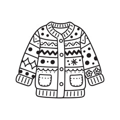 Cozy Cardigan Line Art with Decorative Fabric Pattern Designs. 