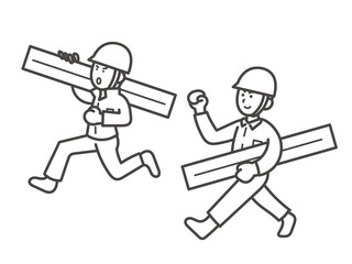資材を運ぶ土木技師の男性二人のイラスト　線画のみ