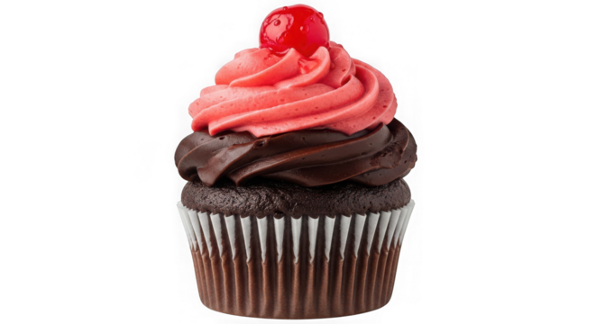 Delicious chocolate cupcake with cherry isolated on transparent background