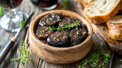 A bowl of black pudding with thyme and bread on a wooden table.