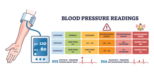Blood pressure readings are shown with a digital monitor, arm cuff, and reference chart for interpretation, transparent background.
