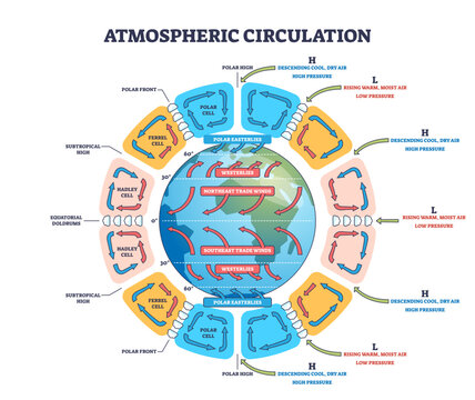 Atmospheric circulation diagram shows global wind patterns, Hadley cells, and pressure zones around Earth, transparent background.