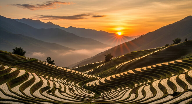 Magnificent sunrise casting a warm glow over the longsheng rice terraces in china, showcasing the stunning beauty of the terraced fields and misty mountains