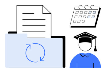 Paper in folder with refresh arrows, calendar with days, and graduate icon in cap. Ideal for education, organization, planning, progress, management, academic goals simple flat metaphor