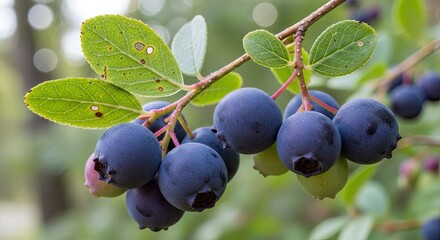 A branch of blueberries with leaves and berries on a tree branch.