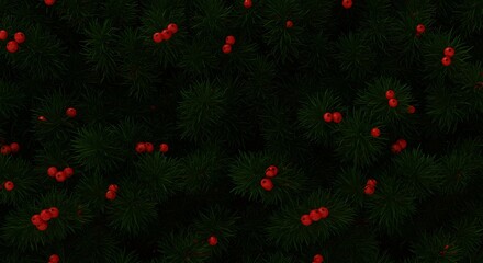 Overhead view of lush green pine needles with scattered red berries