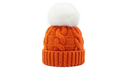 Orange knitted winter hat with pompom isolated on transparent background