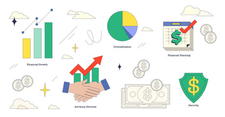 Wealth management and financial assets organization neubrutalism collection, transparent background. Labeled elements with money growth, diversification.